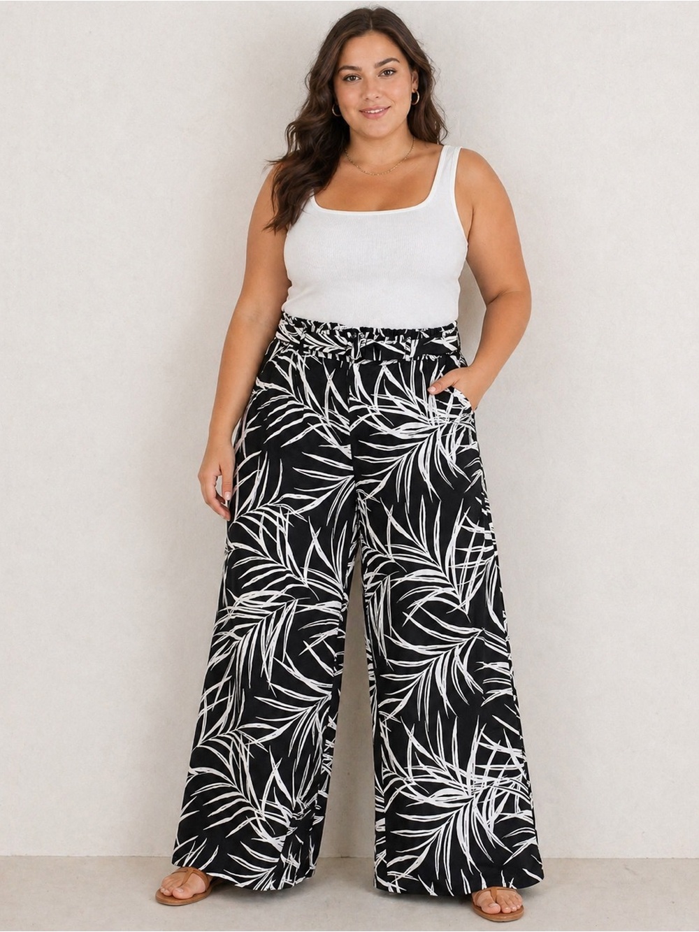 Robert Louis Black Wide-Leg Palm Print Paperbag Pants